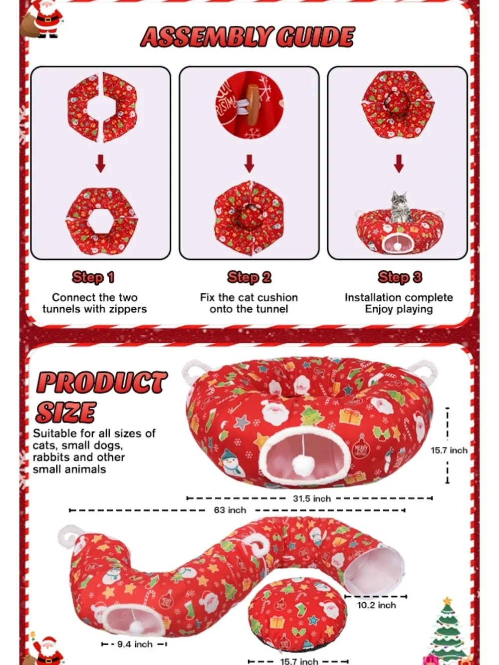 Cozy Red Holiday Cat Tunnel Bed with Plush Interior